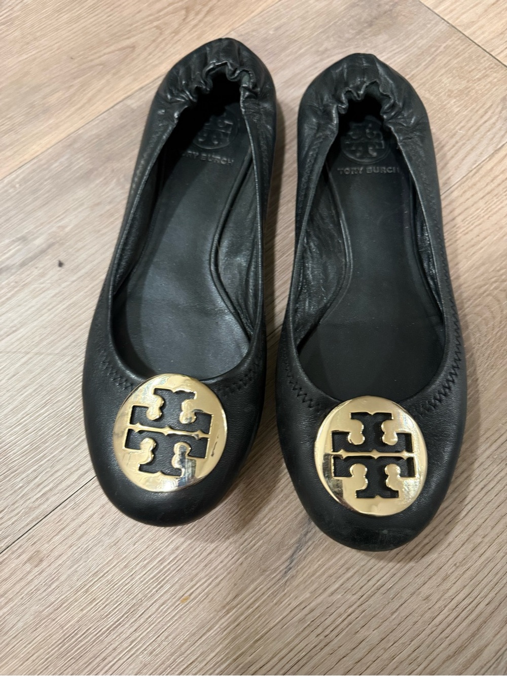 Tory Burch Black Leather Ballet Flats with Gold Logo Medallion